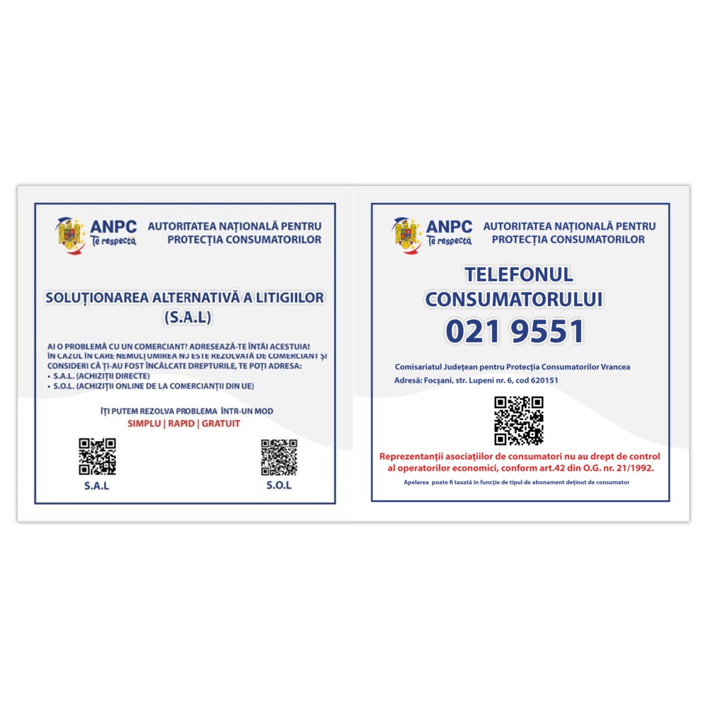 Placuta Obligatorie Combinata "SAL si Telefonul Consumatorului" — 40×20 cm - Vrancea