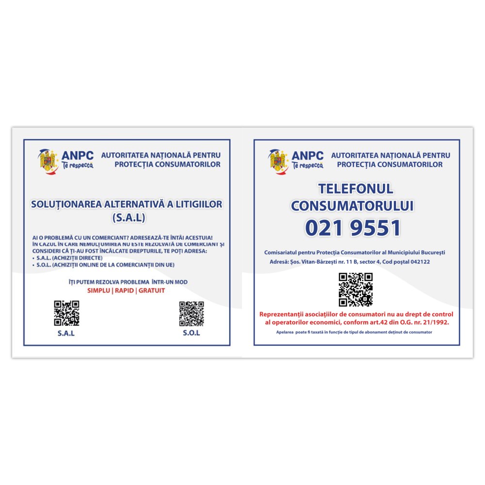 Placuta Obligatorie Combinata "SAL si Telefonul Consumatorului" — 40×20 cm - Bucuresti