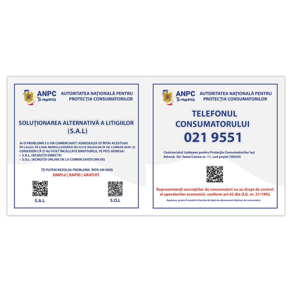 Placuta Obligatorie Combinata "SAL si Telefonul Consumatorului" — 40×20 cm - Iasi