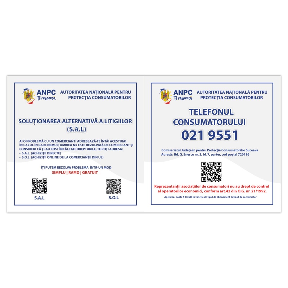 Placuta Obligatorie Combinata "SAL si Telefonul Consumatorului" — 40×20 cm - Suceava