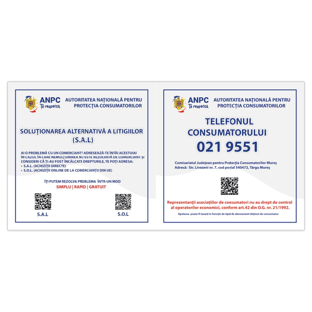 Placuta Obligatorie Combinata "SAL si Telefonul Consumatorului" — 40×20 cm - Mures