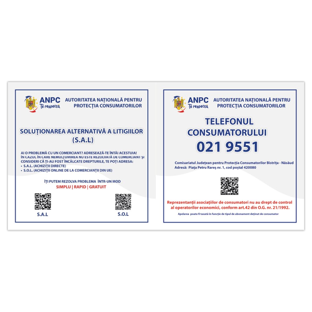 Placuta Obligatorie Combinata "SAL si Telefonul Consumatorului" — 40×20 cm - Bistrita-Nasaud