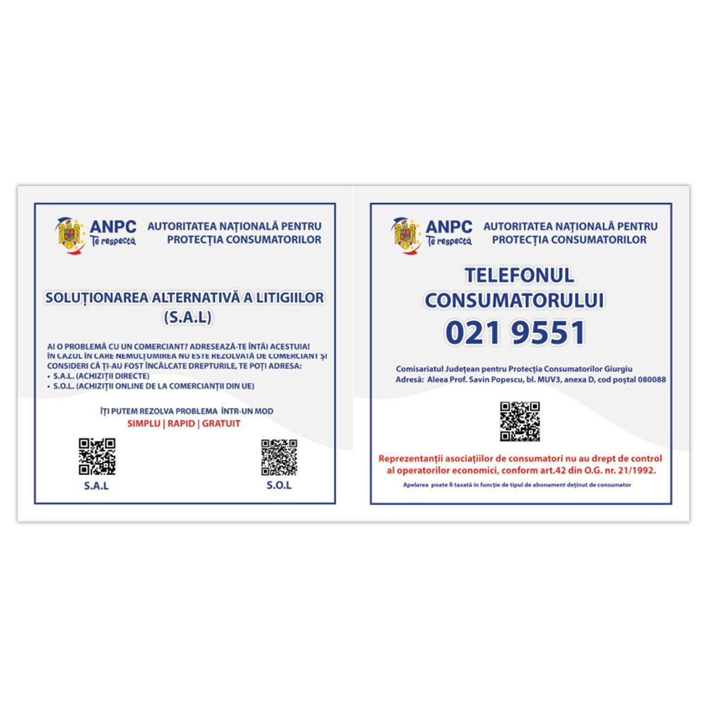 Placuta Obligatorie Combinata "SAL si Telefonul Consumatorului" — 40×20 cm - Giurgiu