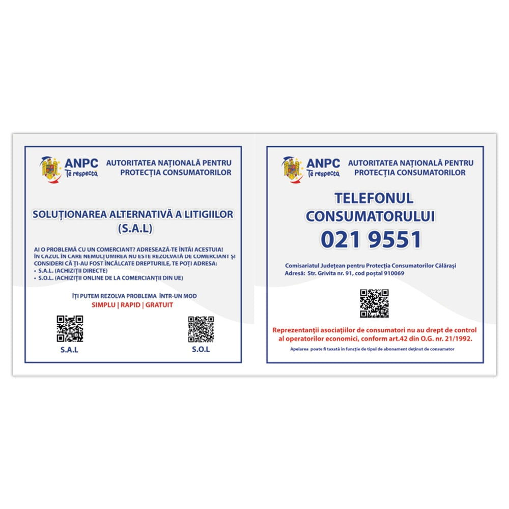 Placuta Obligatorie Combinata "SAL si Telefonul Consumatorului" — 40×20 cm - Calarasi
