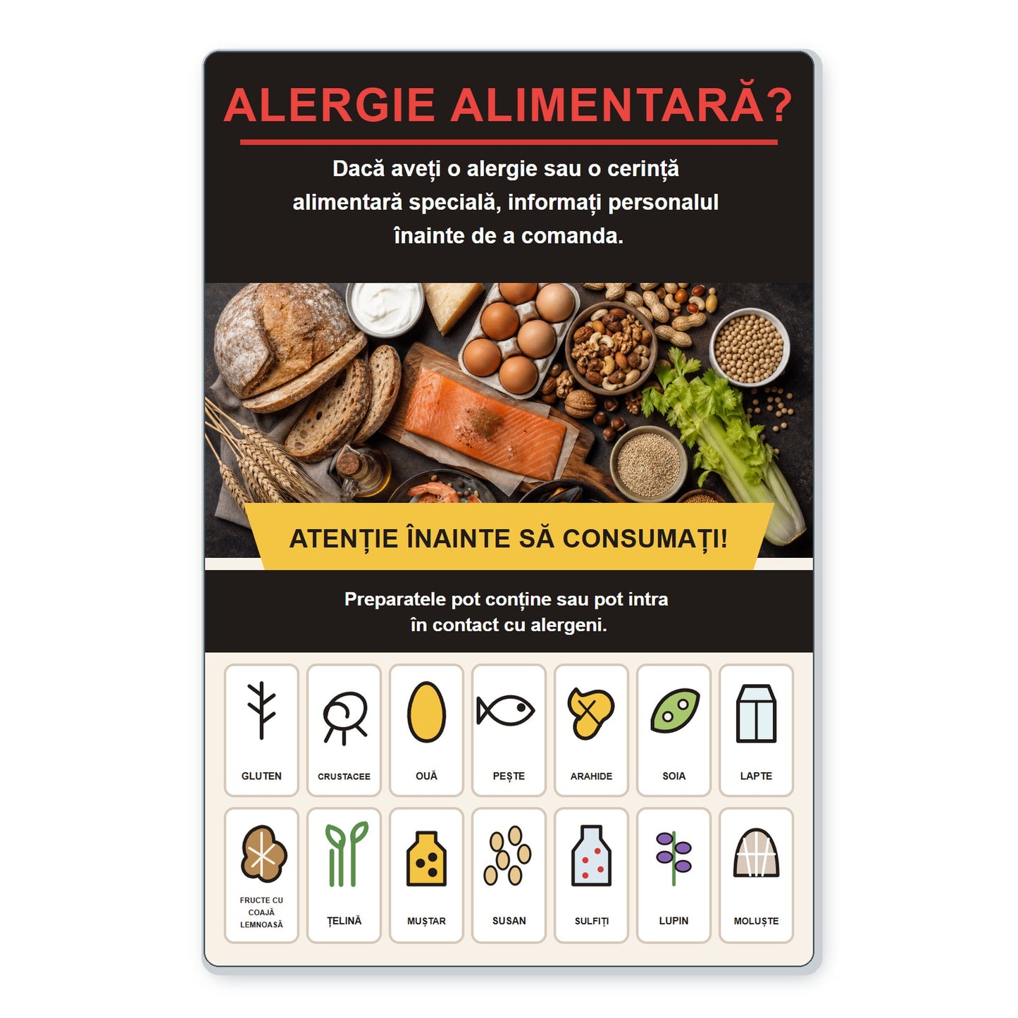Panou informare alergeni alimentari, placa PVC rigid 4 mm, 20 x 30 cm – imaginea 1