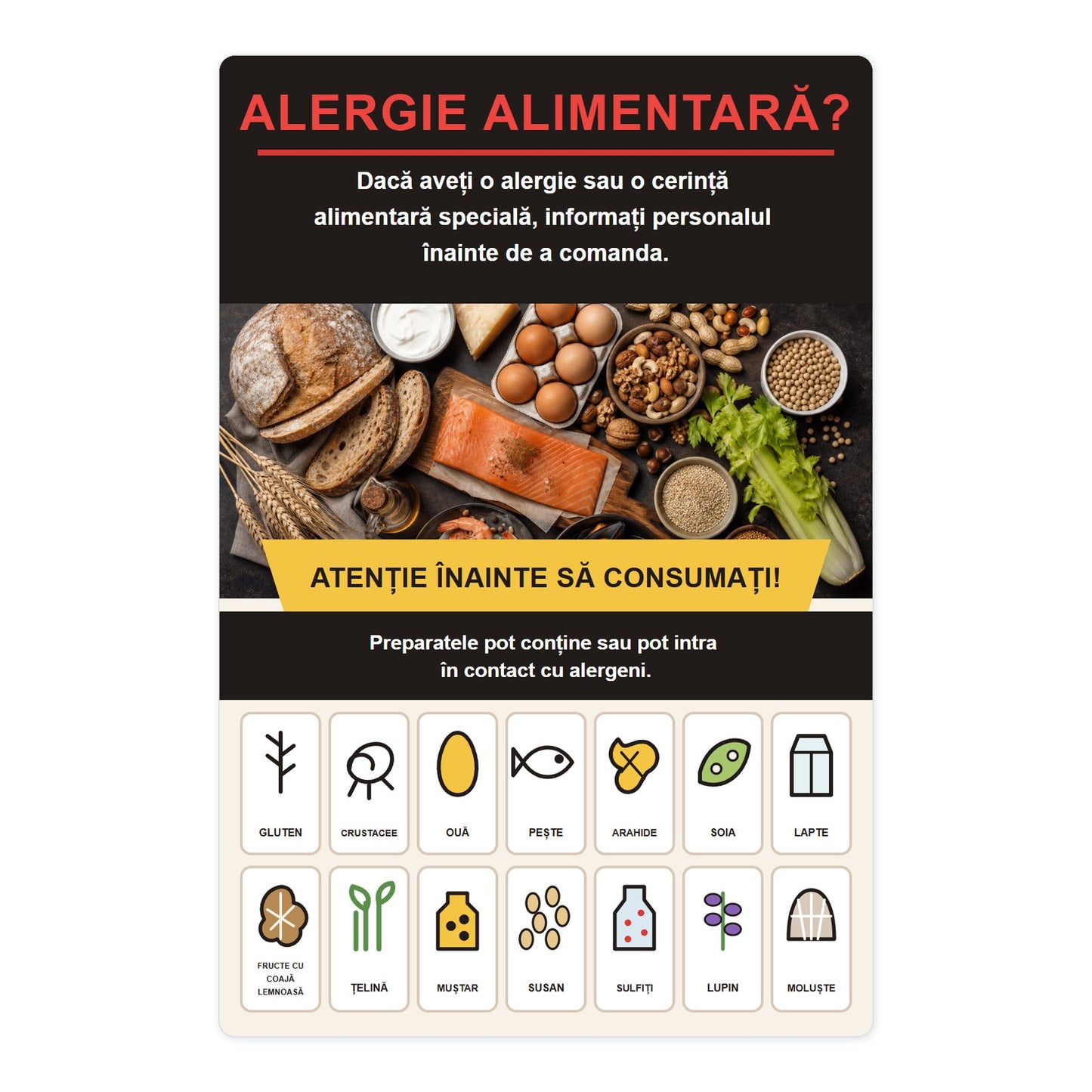 Sticker informativ Alergeni alimentari, PVC autoadeziv, 20 x 30 cm – imaginea 1