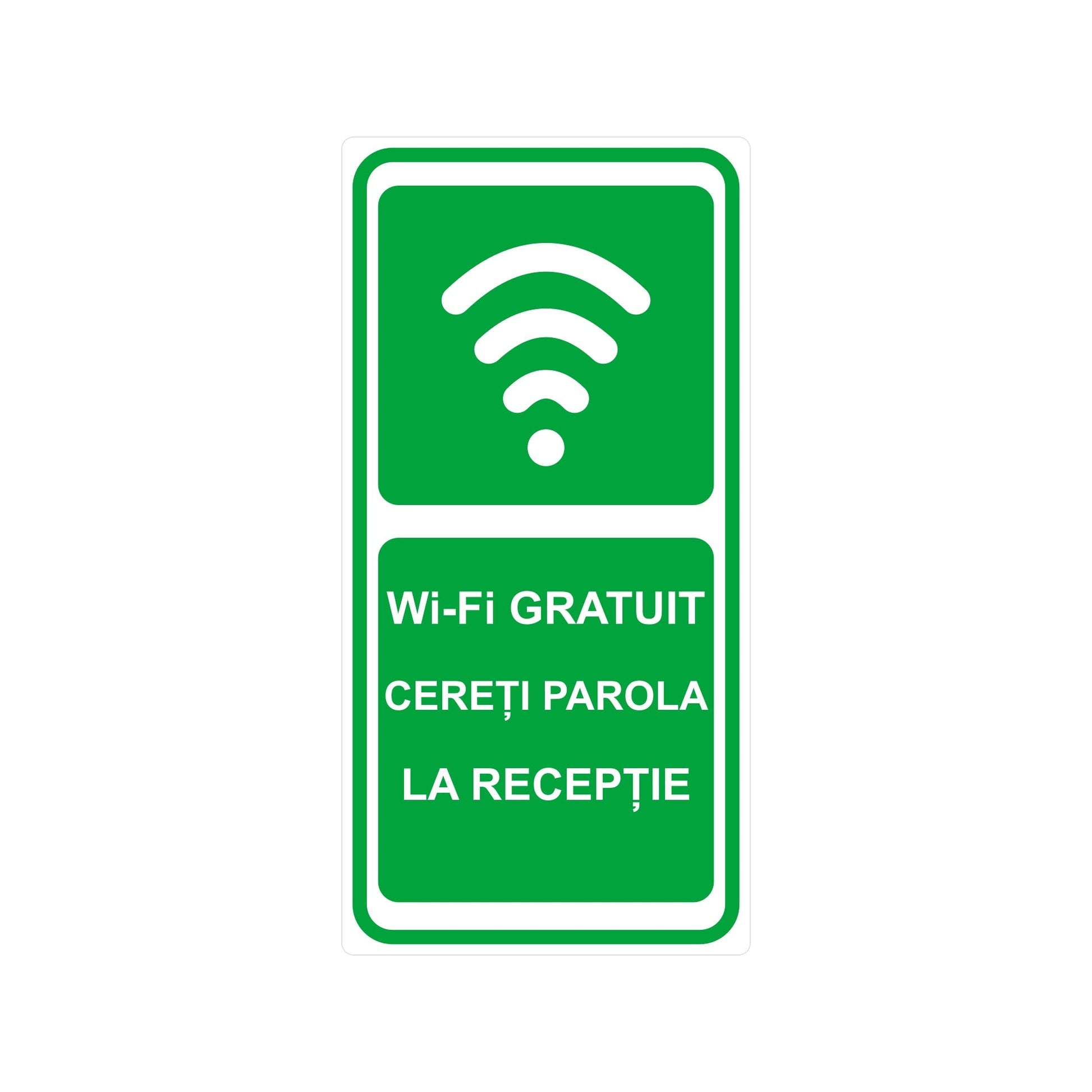 Sticker / Etichetă autocolantă „Wi-Fi gratuit – Cereți parola la recepție”, PVC impermeabil rezistent UV, 10 x 20 cm, Alb - imagine 1