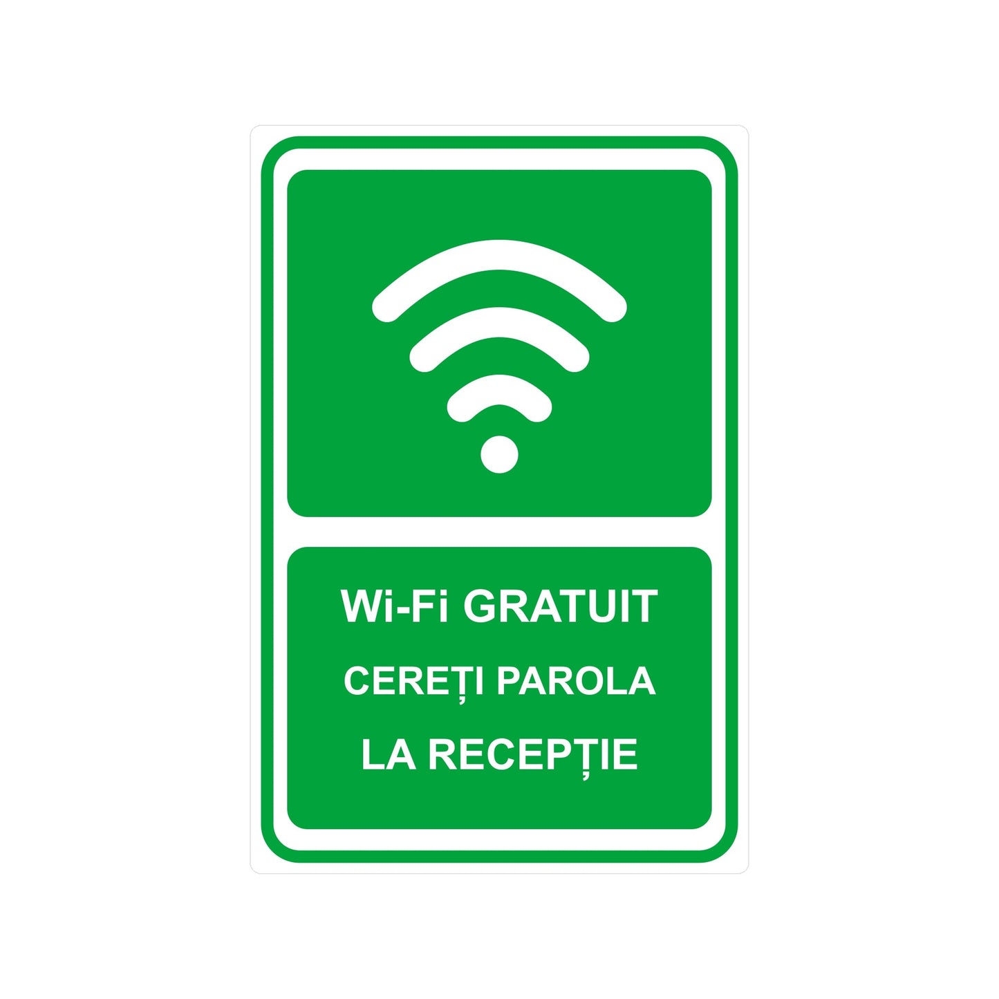 Sticker / Etichetă autocolantă „Wi-Fi gratuit – Cereți parola la recepție”, PVC impermeabil rezistent UV, 20 x 30 cm, Alb - imagine 1