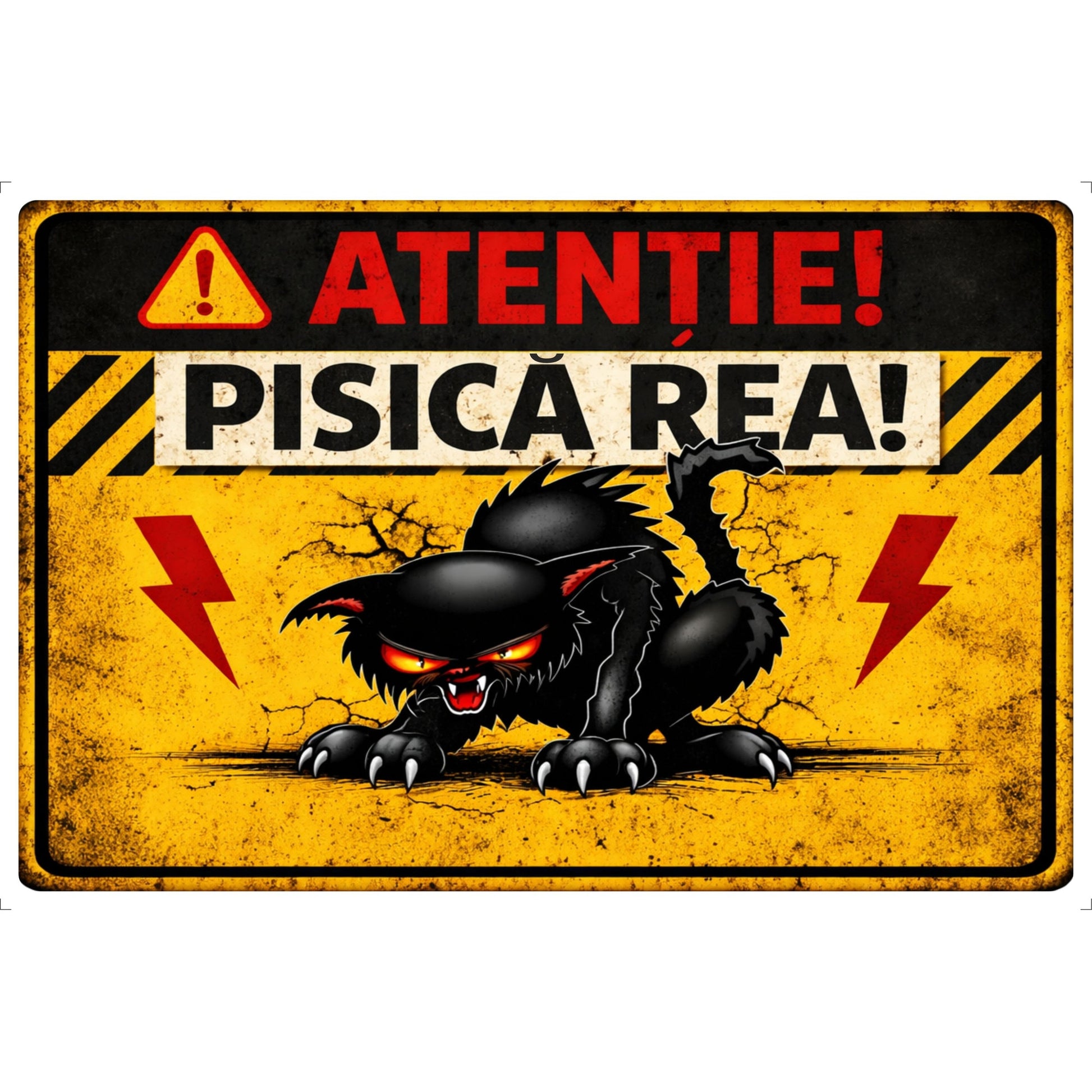 Panou Indicator PVC 4mm "Atenție! Pisica rea!" — 20×30cm