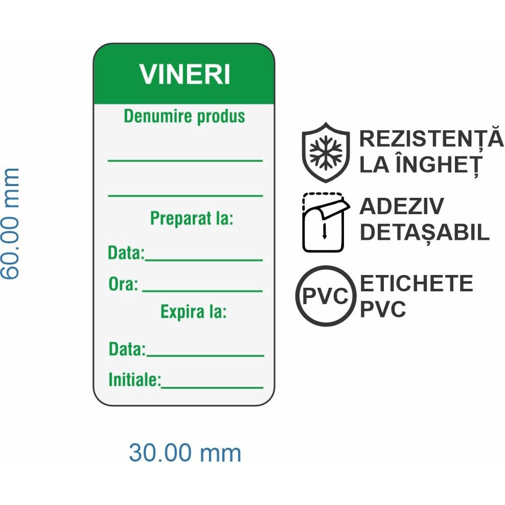 Set 500 Etichete HACCP "VINERI" — 3×6cm (removable)