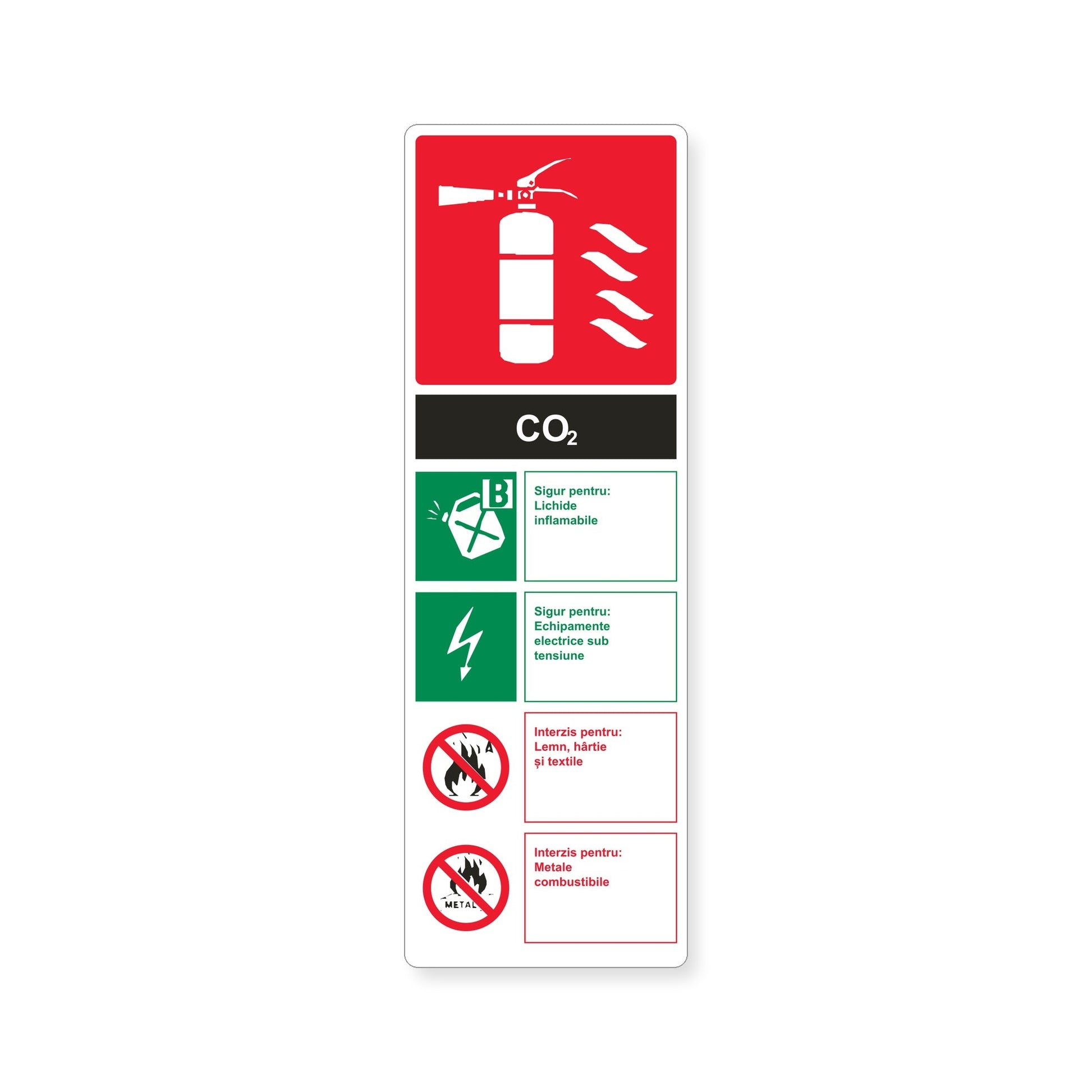 Autocolant cu instrucțiuni pentru stingătorul CO₂, PVC autoadeziv, 10 x 30 cm, Alb