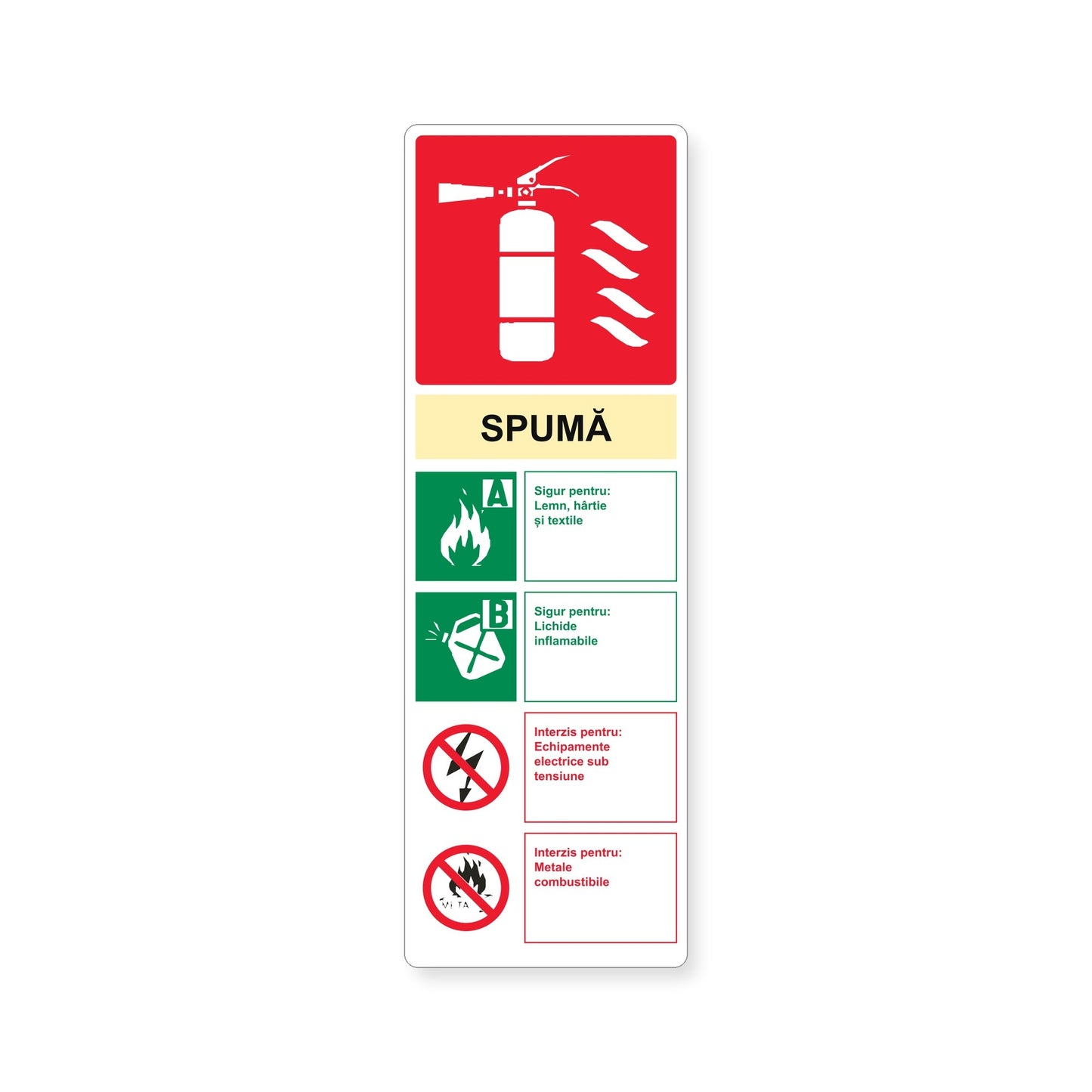 Autocolant cu instrucțiuni pentru stingătorul cu spumă, PVC autoadeziv, 10 x 30 cm, Alb