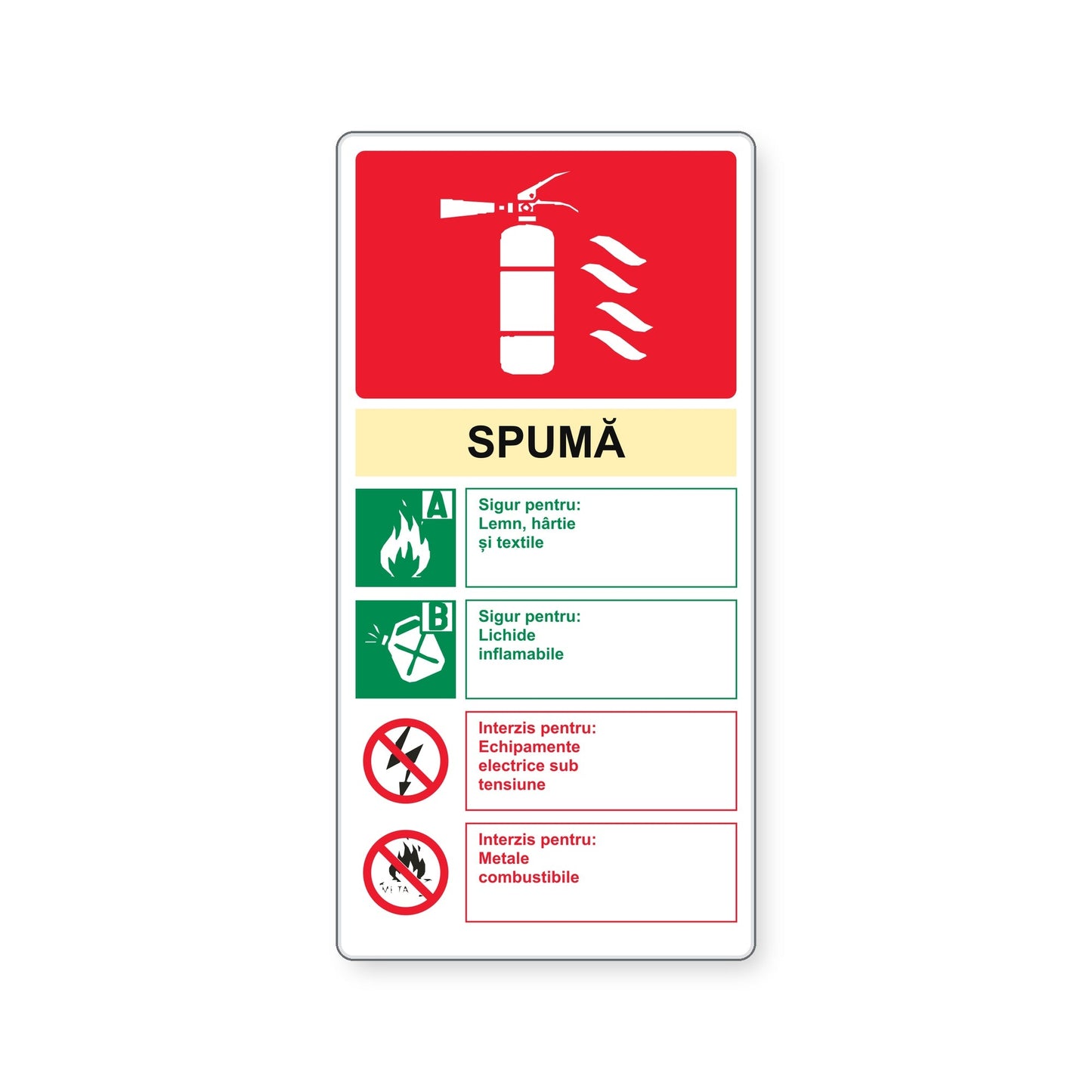 Indicator cu instrucțiuni pentru stingătorul cu spumă, PVC rigid 4 mm, 20 x 40 cm, Alb
