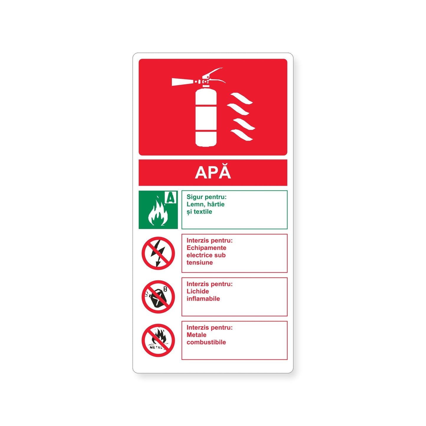 Autocolant cu instrucțiuni pentru stingătorul cu apă, PVC autoadeziv, 20 x 40 cm, Alb