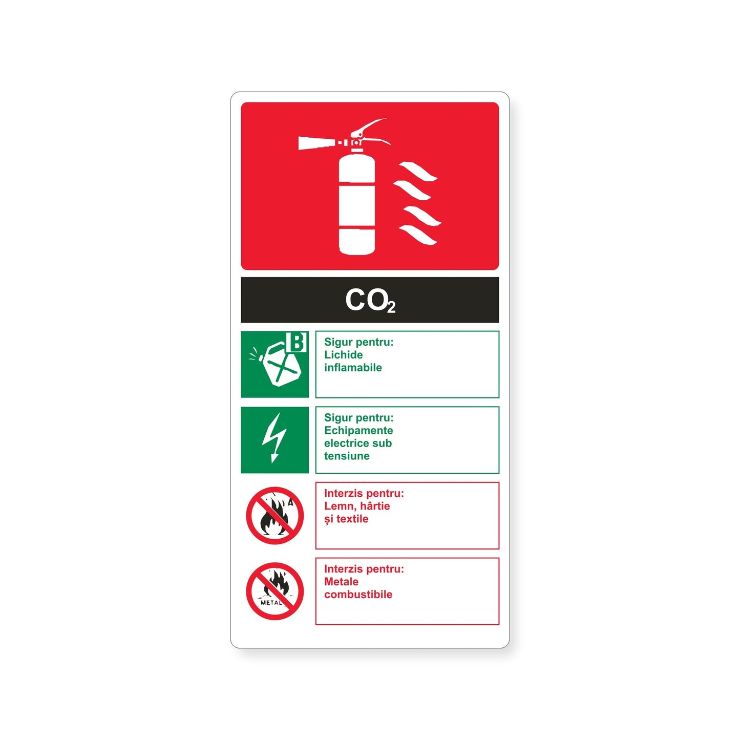 Autocolant cu instrucțiuni pentru stingătorul CO₂, PVC autoadeziv, 20 x 40 cm, Alb