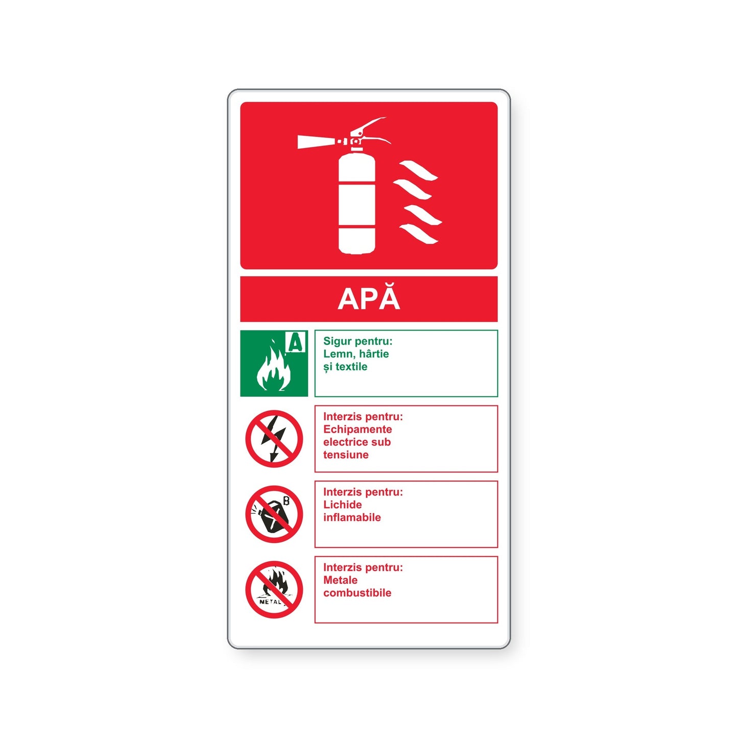 Indicator cu instrucțiuni pentru stingătorul cu apă, PVC rigid 4 mm, 20 x 40 cm, Alb