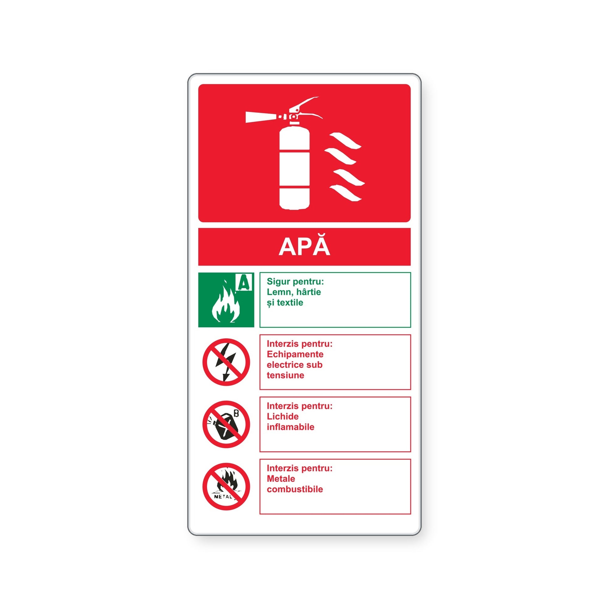 Indicator cu instrucțiuni pentru stingătorul cu apă, PVC rigid 4 mm, 20 x 40 cm, Alb