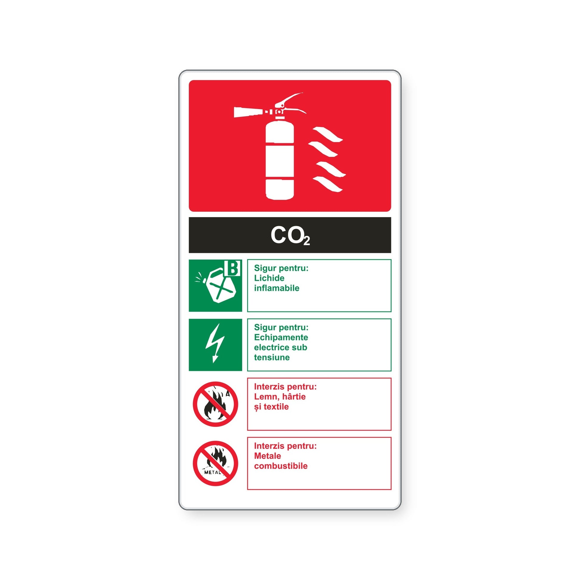 Indicator cu instrucțiuni pentru stingătorul CO₂, PVC rigid 4 mm, 20 x 40 cm, Alb