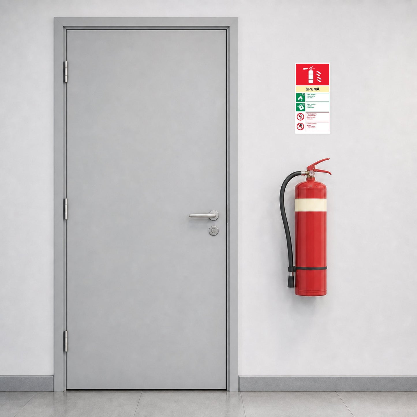 Indicator cu instrucțiuni pentru stingătorul cu spumă, PVC rigid 4 mm, 20 x 40 cm, Alb