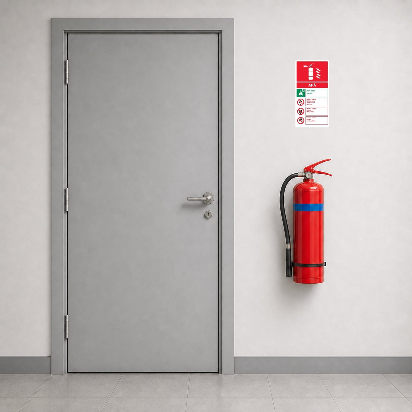 Autocolant cu instrucțiuni pentru stingătorul cu apă, PVC autoadeziv, 20 x 40 cm, Alb