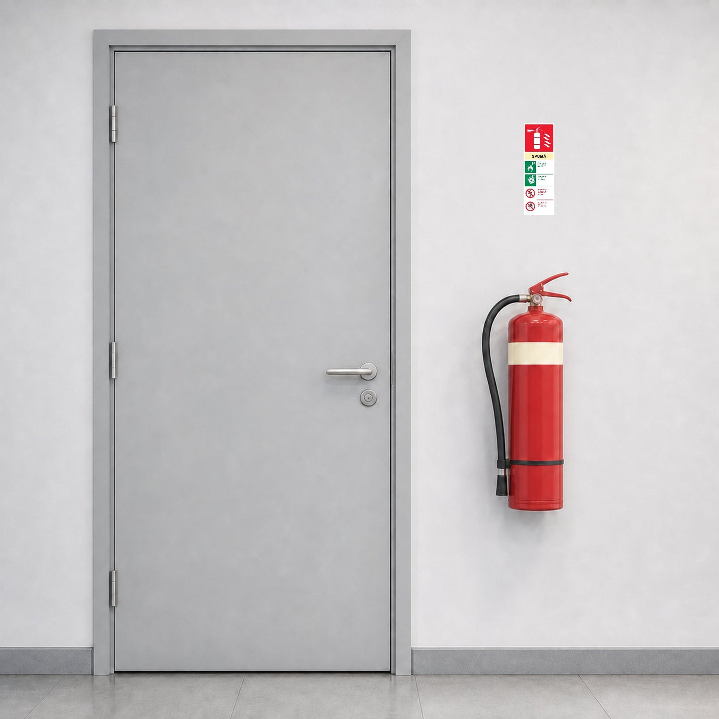 Autocolant cu instrucțiuni pentru stingătorul cu spumă, PVC autoadeziv, 10 x 30 cm, Alb