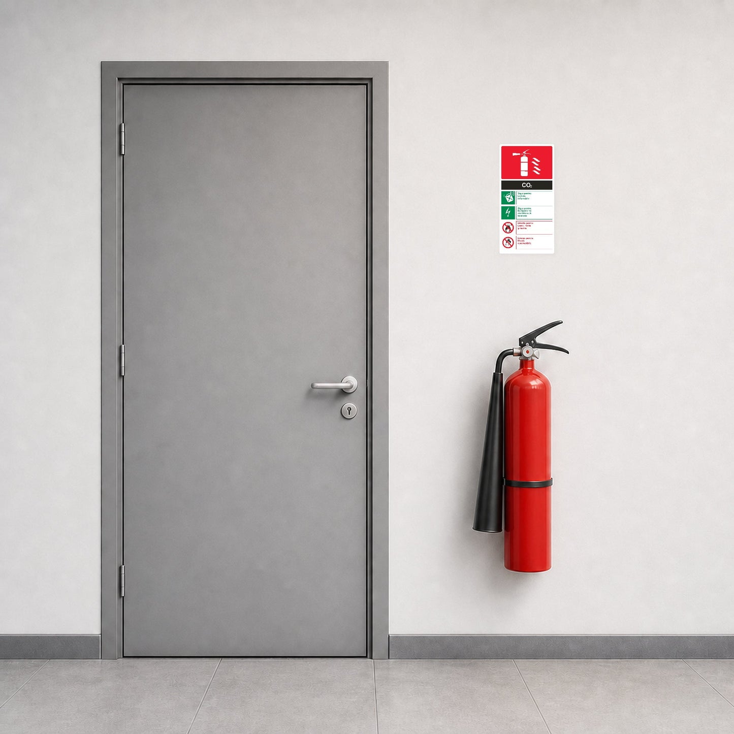 Indicator cu instrucțiuni pentru stingătorul CO₂, PVC rigid 4 mm, 20 x 40 cm, Alb